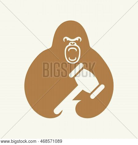 Gorilla Law Logo Negative Space Concept Vector Template. Gorilla Holding Hammer Symbol
