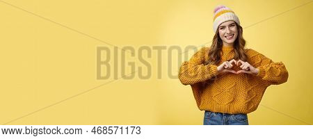Girl Brings Peace Love Show Heart Gesture Tilting Head Friendly Smiling Expressing Sympathy Passion 