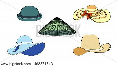 Set Of Women And Men Headwear Hats With Wide Round Brim. Protection Of Head From The Sun. Simple Car