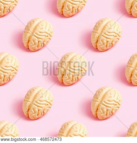 Pink Human Brain Repeat Seamless Pattern On Pastel Background. Creativite Wrapping Paper Design Conc
