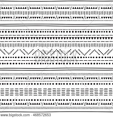 Prehistoric Pottery Bell Beaker Culture Inspired Seamless Pattern With Dots And Lines Set In Black A