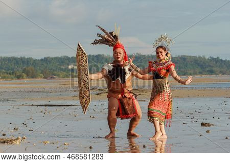 Labuan,malaysia-jan 30,2022:the Iban Ethnic Of Sarawak Borneo With Full Traditional Tribe Costume Da