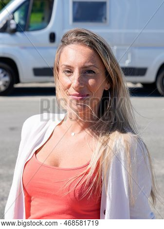 Young Woman Sit Front Camper Van Rv Lifestyle Traveling Around World In Vanlife Home Motor