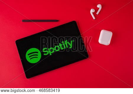 Tula, Russia - October 19, 2020: Spotify Displayed Modern Laptop On Red Background