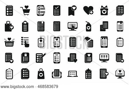 Wishlist Icons Set Simple Vector. Document Page. Heart Plus