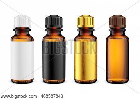 Blank Amber Glass Medicine Bottles For Liquid Dropper Isolated On White Background. 20ml. 3d Renderi