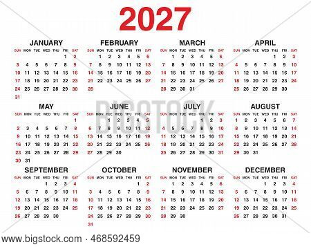 Calendar 2027 Year Vector Illustration, Set Of 12 Calendar, Week Starts On Sunday, Simple Planner Te