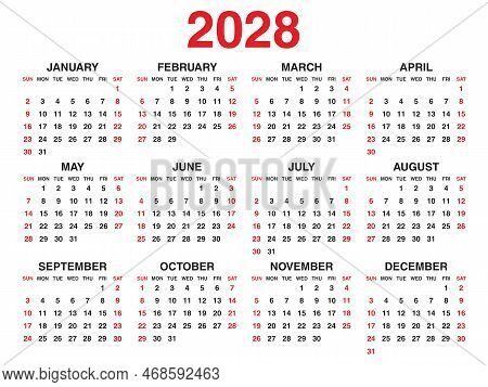 Calendar 2028 Year Vector Illustration, Set Of 12 Calendar, Week Starts On Sunday, Simple Planner Te