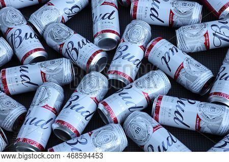 Sumy, Ukraine - August 01, 2021: Many Cans Of Budweiser Lager Alcohol Beer - Budweiser Is A Brand Fr