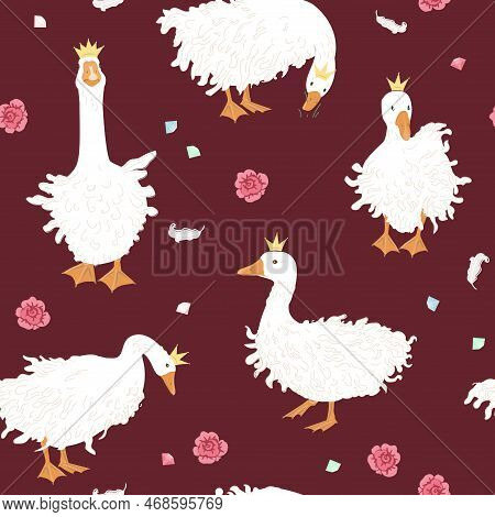 Cute Seamless Pattern With Sebastopol Goose In Crowns, Diamonds, And Rose Flowers. Royal Geese Fanta