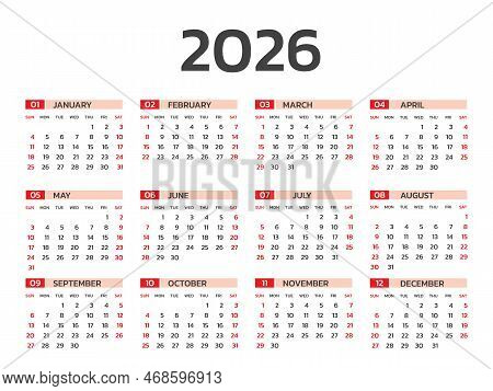 Calendar 2026 Year Vector Illustration, Set Of 12 Calendar, Week Starts On Sunday, Simple Planner Te
