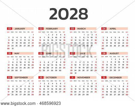 Calendar 2028 Year Vector Illustration, Set Of 12 Calendar, Week Starts On Sunday, Simple Planner Te