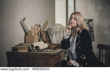 Victorian Style, Velvet Coat And White Shirt Androgyny Vintage Fashion. Vampire Era Clothes