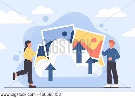 Image Upload Concept. Man And Woman With Files In Cloud Storage, Information Exchange, Memory. Moder