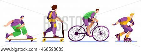 Boys Ride Roller Skates, Bicycles, Scooters And Skateboards. A Set Of Vector Illustrations With Char