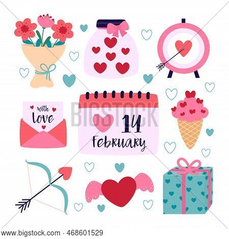 Set Of Valentine's Day Elements, Gift, Heart, Ice Cream, Flowers, Dartsboard, Arrow, Envelope And Ot
