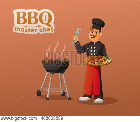 Master Chef Bbq Cartoon Composition With Cook Roasting Shish Kebab And Sausages On Grill Vector Illu