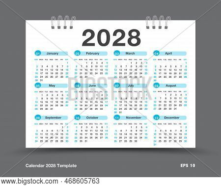 Calendar 2028 Year Vector Illustration, Set Of 12 Months, Week Starts On Sunday, Simple Planner Temp