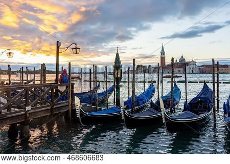 Venice Gondolas And San Giorgio Maggiore Island At Sunset, Italy