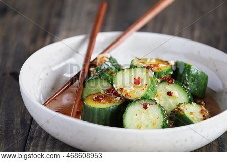 Easy Spicy Korean Cucumber Salad, Oi Muchim, Made With Garlic And Hot Peppers. Extreme Selective Foc