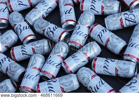 Sumy, Ukraine - August 01, 2021: Many Cans Of Budweiser Lager Alcohol Beer - Budweiser Is A Brand Fr