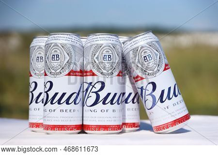 Sumy, Ukraine - August 01, 2021: Many Cans Of Budweiser Lager Alcohol Beer - Budweiser Is A Brand Fr