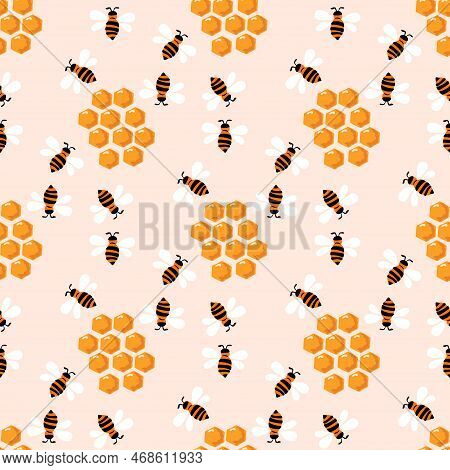 Summer Flat Cartoon Seamless Pattern With Honecomb, Honey Hive  And Bees. Creative  Kids Texture For