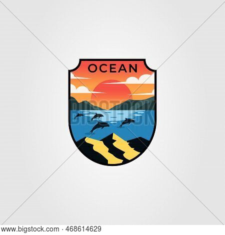Flying Dolphin Or Whale On Ocean Logo Vector Illustration Design