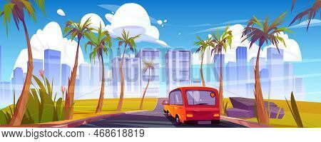 Car On Road In Tropical Summer City. Cartoon Vector Illustration Of Auto Driving To Town With Modern