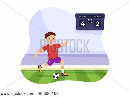 Futsal, Soccer Or Football Sport Illustration With Kids Players Shooting A Ball And Dribble In A Cha