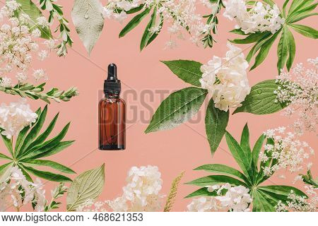 Cosmetic Amber Glass Dropper Bottle In Fresh Nature Setup. Green Leaves White Flowers On Peach Pink.