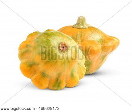 Two Fresh Yellow Pattypan Squashes On White Background