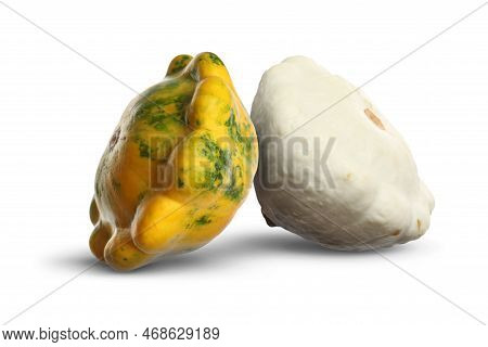 Two Fresh Different Pattypan Squashes On White Background