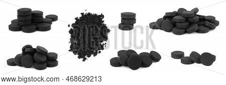 Set With Activated Charcoal Pills On White Background, Banner Design. Potent Sorbent