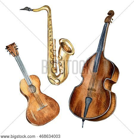 Guitar, Saxophone, Contrabass Musical Instruments Watercolor Illustration Isolated.