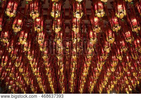 Taipei, Taiwan-4 Dec, 2022: Red Lanterns At Famous Taipei Tianhou Temple In Taipei City, Taiwan. It 