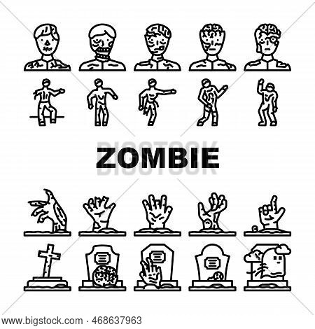 Zombie Horror Dead Monster Icons Set Vector. Halloween Scary, Hand Death, Undead Silhouette, Grave M