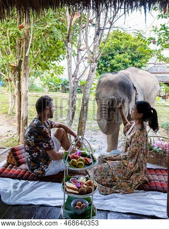 Couple Visiting A Elephant Sanctuary In Chiang Mai Thailand, Elephant Farm In The Mountains Jungle