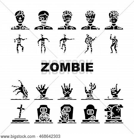 Zombie Horror Dead Monster Icons Set Vector. Halloween Scary, Hand Death, Undead Silhouette, Grave M