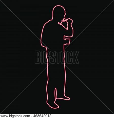 Neon Man Trying Food From Spoon Standing Tasting Concept Gourmet Tries Dish Chef Trying Red Color Ve