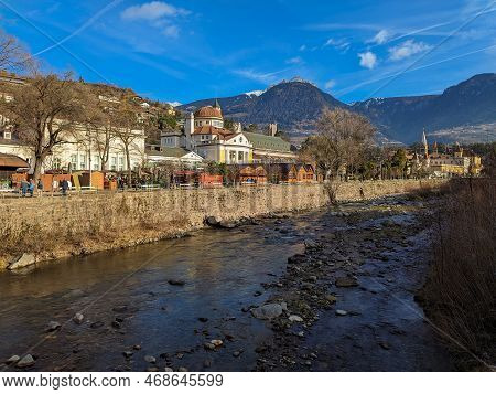 Merano, Italy - December 27, 2022: Panoramic View Of River Passirio Passing Through The City Of Mera