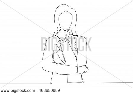 Drawing Of Pleased Asian Business Woman Crossed Arms. Single Continuous Line Art