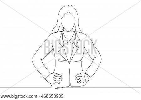 Businesswoman In Glasses Looking Satisfied, Smiling And Holding Hands On Waist. One Line Art Style
