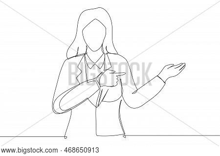 Businesswoman Showing Presentation, Pointing Paper Placard. Single Continuous Line Art Style
