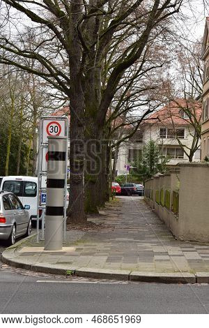 Mainz, Germany - 01 09 2023: Radar Speed Trap In Column Shape