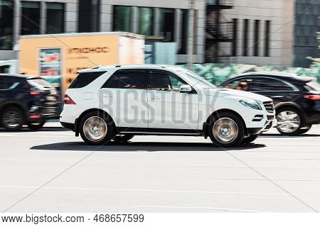 White Mercedes-benz Ml Class W166 Suv Car Moving On The Street, Side View. Moscow, Russia - August 2