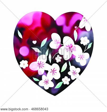 Vector Red Heart With Cherry, Sakura Bloosom, Valentine's Day Love Ornament, Spring Floral Painting,