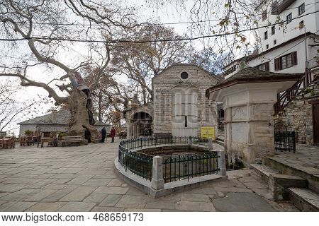 Pilio, Greece - December 2, 2018: Main Square Of Makrinitsa Traditional Village In Pilio, Greece