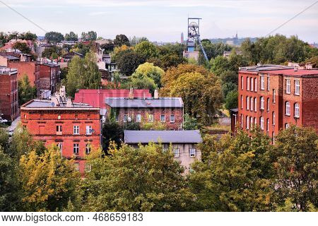 Bytom City In Poland. Cityscape With Former Industrial Architecture - Coal Mine Headframe In Backgro