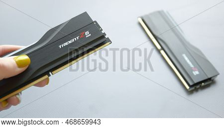A Package Of G.skill Ddr 5 Trident Z 5 Rgb Desktop Memory On Light Background.